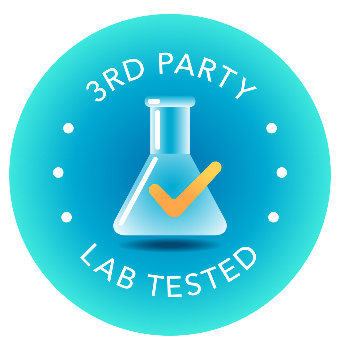 Round, blue icon with 3rd Party Lab Tested text and a flask with a checkmark.
