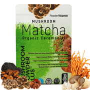 Mushrooms surround PowderVitamin Mushroom Matcha packaging detailing organic ceremonial matcha and collagen.