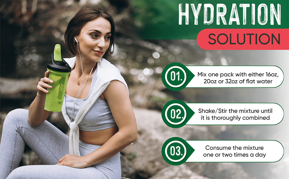 Woman with shaker bottle and hydration solution instructions for easy use.