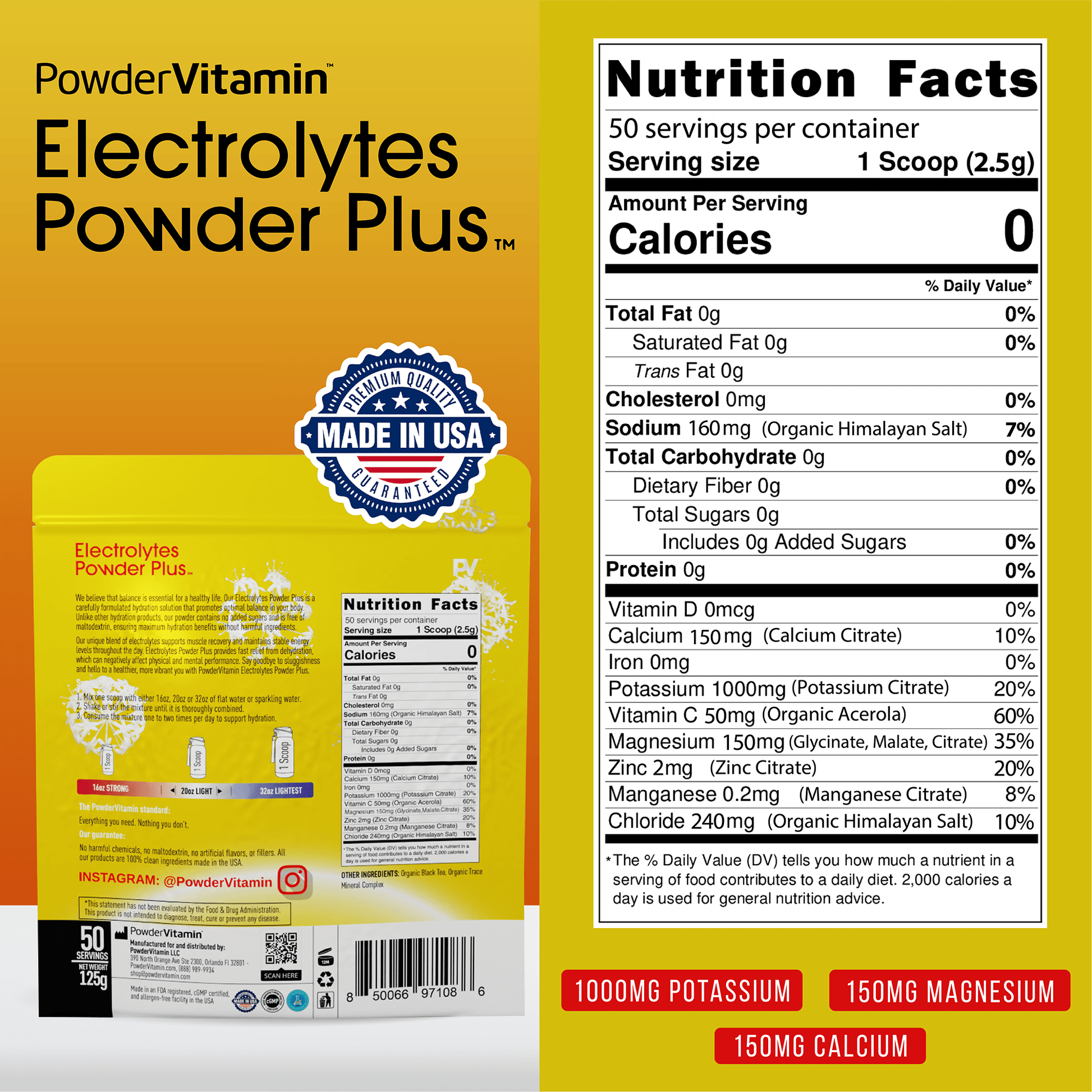 Unsweetened organic black tea electrolytes with full nutrition facts and USA seal for 50 servings.