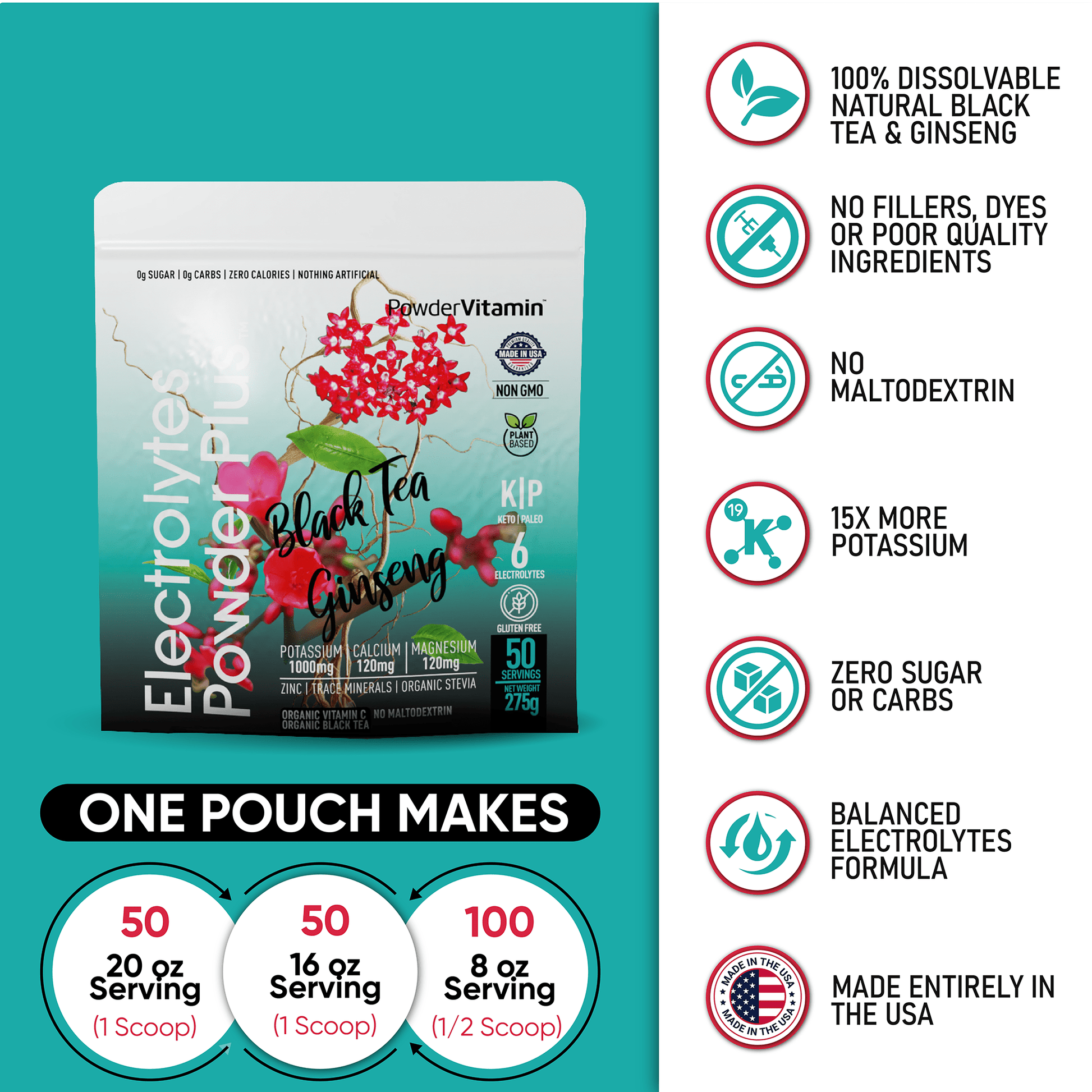 Powdervitamin Black Tea Ginseng electrolytes. 50 servings, sugar-free, dissolvable powder.