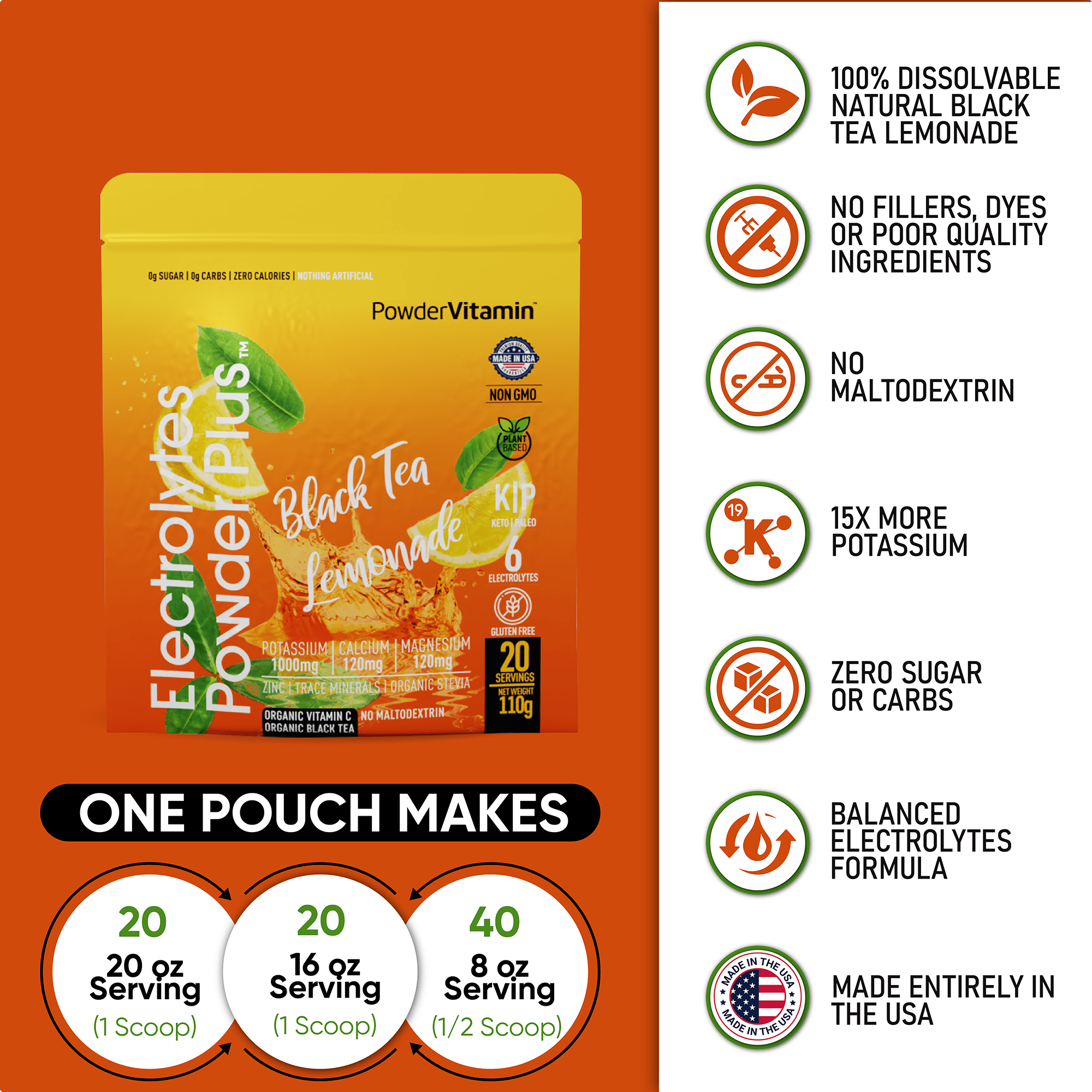 Powdervitamin Black Tea Lemonade electrolytes. Sugar-free, dissolvable powder with serving options.