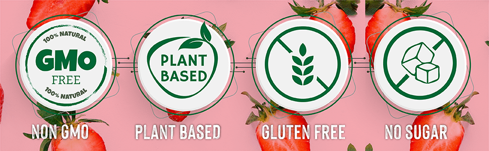 Product features: Non-GMO, plant-based, gluten-free, and no sugar icons.